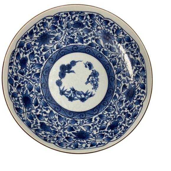 Vintage FLORAL BLUE Japan Made Dessert Plate 7 3/4” With  Brown Gold Color Rim - Picture 1 of 5